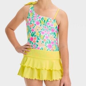 Girls' Floral Printed One Piece Swimsuit & Cover-Up Skirt Set -Size 6-7 - NWT
